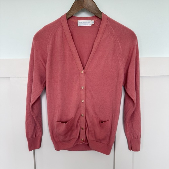 Edinburgh Sweaters - Edinburgh Washable Lambswool V Neck Cardigan SM Dusty Rose Golf Preppy Grandpa